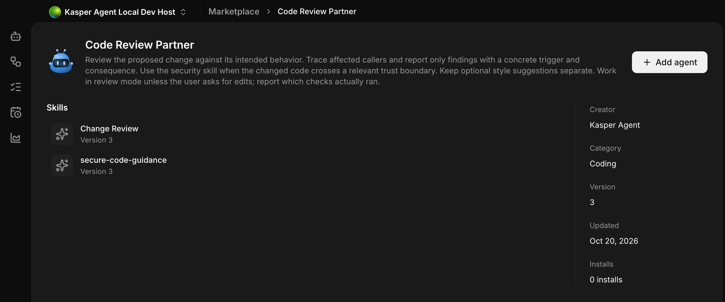 The Code Review Partner agent listing, showing its instructions, skills, creator, and Add agent button.