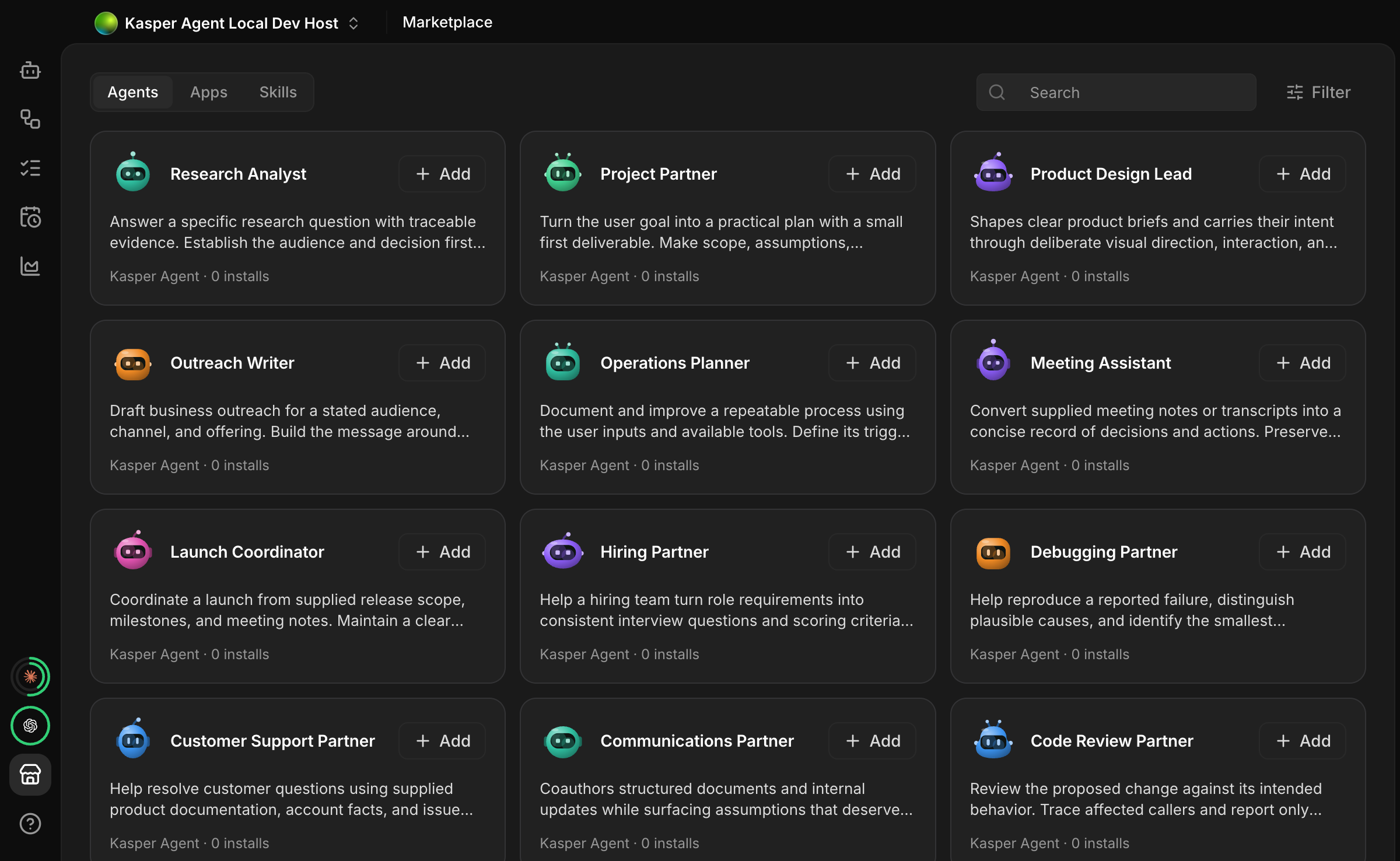 Kasper Agent Marketplace with the Agents tab selected and the Apps and Skills tabs visible. Each agent card shows its creator and an Add button.
