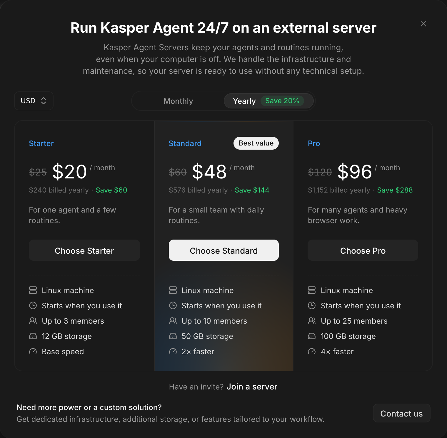 Kasper Agent hosted server pricing with Starter, Standard, and Pro plans. The yearly billing option is selected, showing member limits, storage, and speed for each plan.